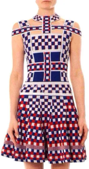 Checkered Printed Cross-Strap Knit Dress