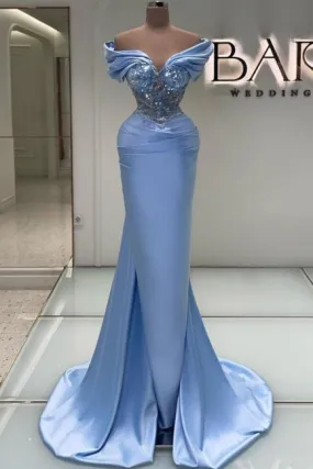 Elegant Long Blue Mermaid Off-the-shoulder Lace Beading Sleeveless Prom Dress